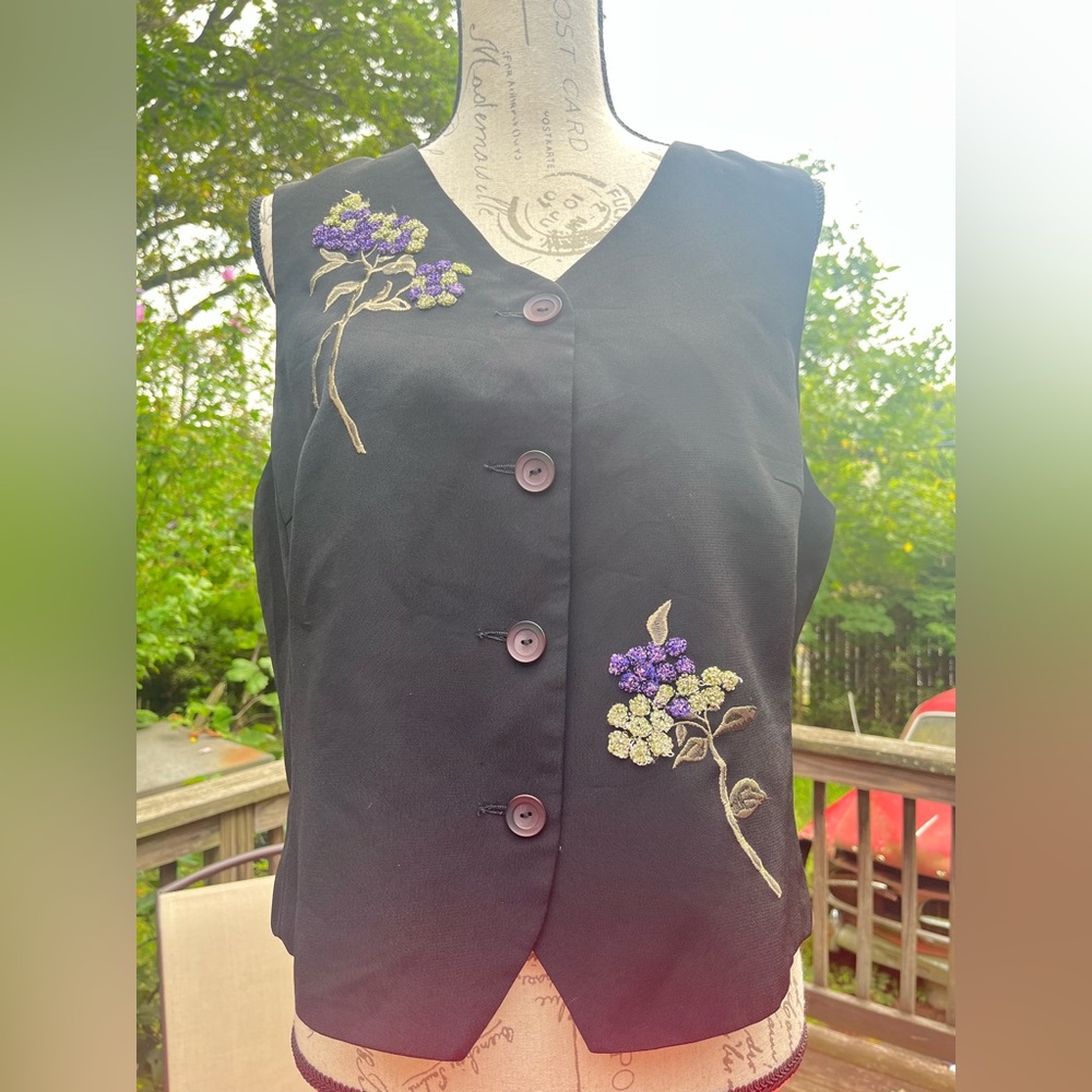 Carole Little Black Vest with Purple and Cream Embroidery